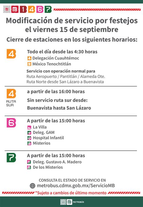 INFORMA METROBÚS HORARIOS Y RUTAS DE SERVICIO PARA EL 15 Y 16 DE SEPTIEMBRE