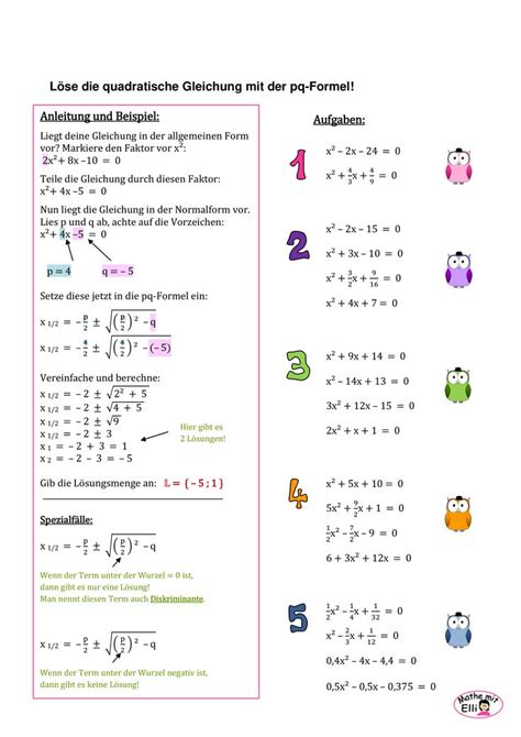 Quadratische Gleichungen Mit Der Pq Formel L Sen Unterrichtsmaterial