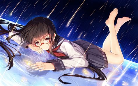 Wallpaper 1920x1200 Px Anime Girls Dark Hair Feet In The Air Glasses Long Hair Looking