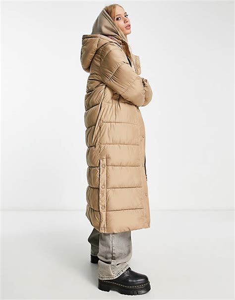 Only Maxi Hooded Padded Coat With Snap Sides In Beige Asos