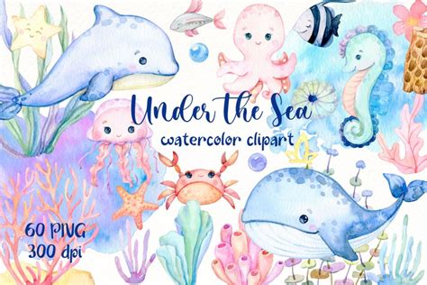 Under The Sea Watercolor Clipart Okean Png Nautical Print