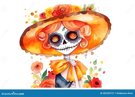 Personagem De Desenho Animado Da Catrina De Aquarela Criada