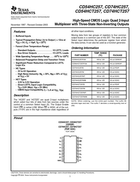 Hct Datasheet High Speed Cmos Logic Quad Input Multiplexer