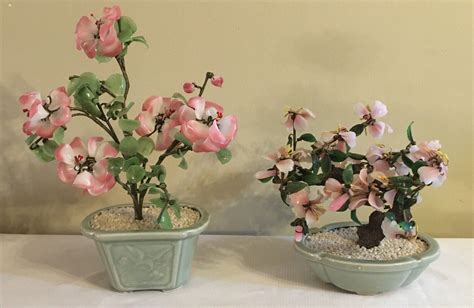 Lot Of Two 2 Vintage Bonsai Tree Planters Glass Jade Green Pink 12x8 And 8x8 Ebay