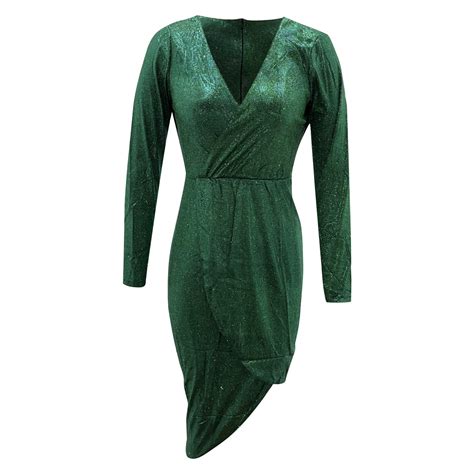 Lqxzwjy Ladies Solid Stamping Long Sleeve V Neck Sparkling Dress Dinner Sexy Dress Long Sleeve