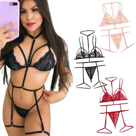 Conjunto De Renda Moda Gringa Cinta Liga Corpo Inteiro Lingerie