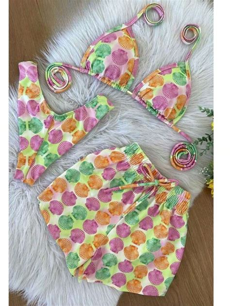 Women S 3 Piece Bikini Multi Purpose Beach Bikini Trio Bikini Set Printed Kit Summer