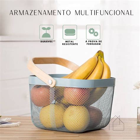 Cesto Fruteira Organizadora Metal E Bambu Caixa Shopee Brasil