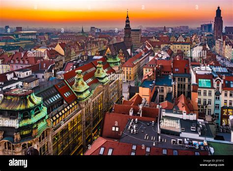 Panorama Illuminated Old Town Of Wroclaw At Night Stock Photo Royalty