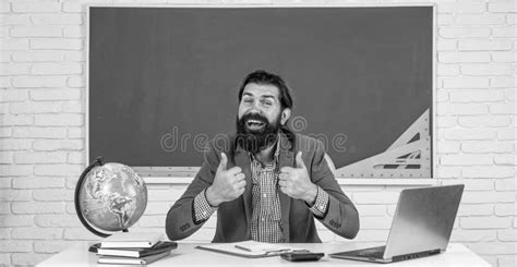 Good Job Mature Bearded Teacher At Lesson Brutal Man Work In