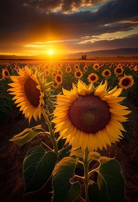 Coucher De Soleil Sur Un Champ De Tournesols Ai Généré Illustration