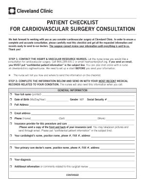 Fillable Online My Clevelandclinic PATIENT CHECKLIST FOR CARDIOVASCULAR