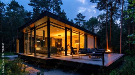 Modern Luxury Villa Exterior In Minimal Style For Luxury Glamping Glass Cottage In The Woods At