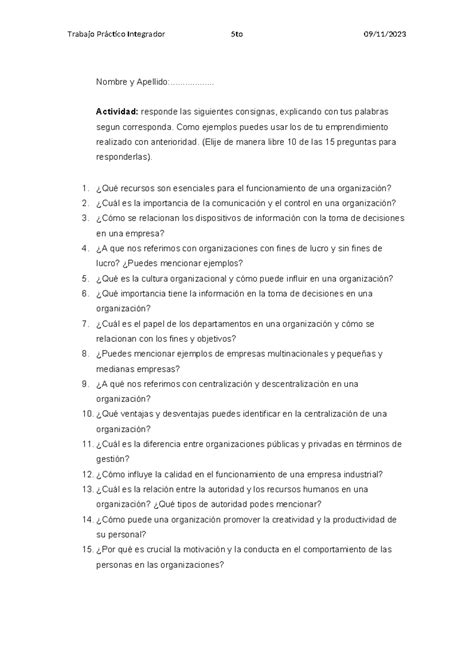 Trabajo Pr Ctico Integrador Gestion De Las Organizaciones To Trabajo