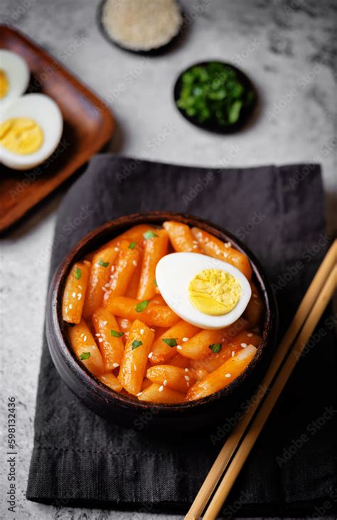 Tteokbokki Traditional Korean Rice Sticks In Hot Spicy Sauce Stock