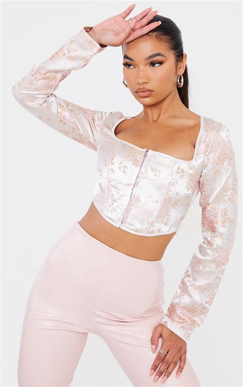 Light Pink Satin Print Zip Front Long Sleeve Corset Pink Satin Light Pink How To Fold Sleeves