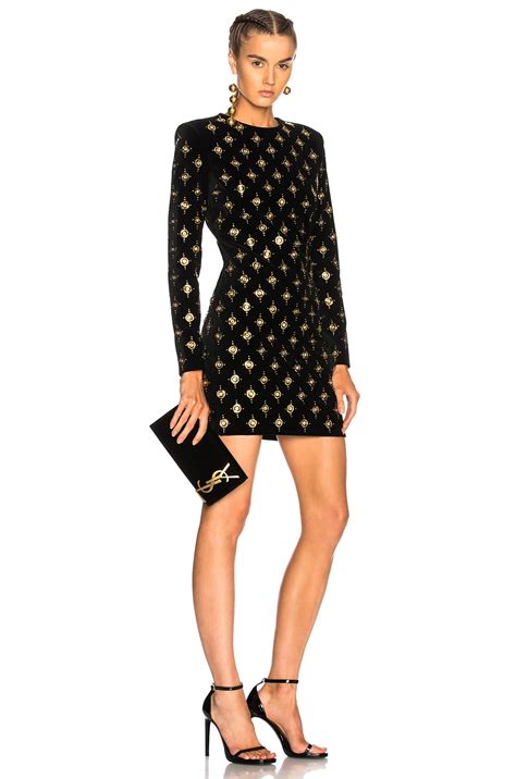 Balmain Embellished Velvet Mini Dress In Black And Gold Fwrd