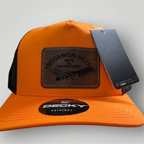 Blaze Orange Leather Patch Trucker Bourbon Hills Bbq