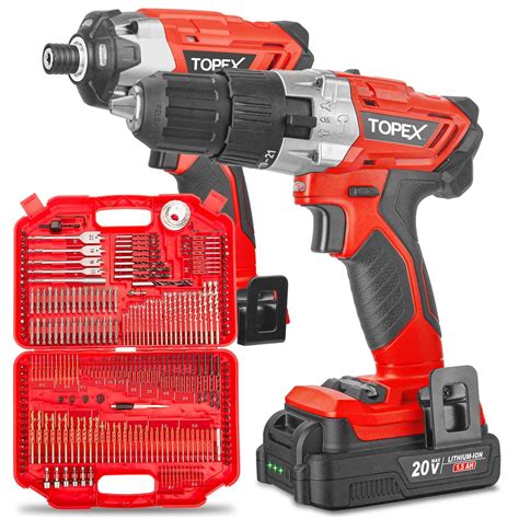 Topex 20v Cordless Hammer Drill Impact Driver Power Tool Combo Kit W Drill Bits