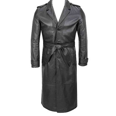 Mens Black Leather Full Length Long Duster Trench Winter Coat