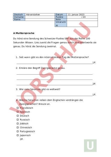 Arbeitsblatt Hörverstehen Deutsch Hörverstehen