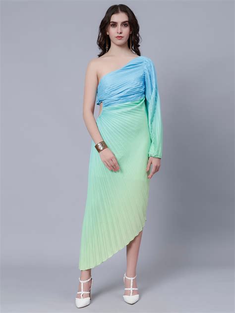 Blue Green One Shoulder Pleated Maxi Dress Anny