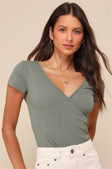 Sage Green Bodysuit Ribbed Knit Bodysuit Surplice Bodysuit Lulus