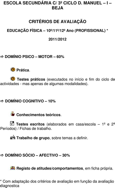 ESCOLA SECUNDÁRIA C 3º CICLO D MANUEL I BEJA CRITÉRIOS DE AVALIAÇÃO