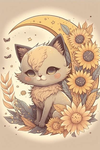 Gato Sentado Encima De Una Luna Rodeada De Girasoles Ai Generativo