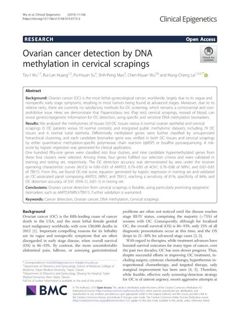 PDF Ovarian Cancer Detection By DNA Methylation In Cervical