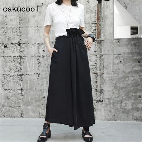 Cakucool Dark Black Asymmetrical Design Skirt Pleated Ruffles Empire