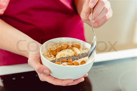 Close Up Of Woman S Hand Holding Bowl Stock Image Colourbox