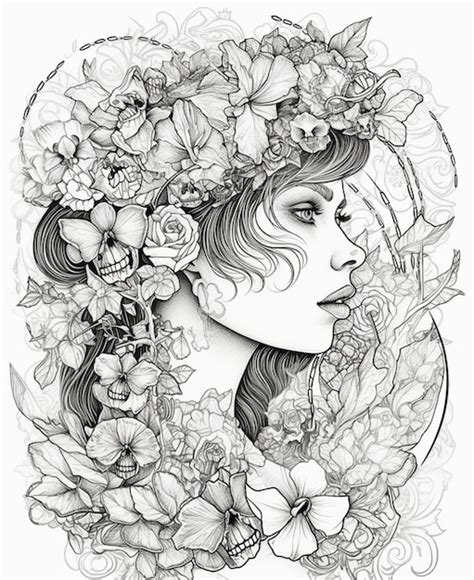 Premium AI Image | A black and white drawing of a woman with flowers ...