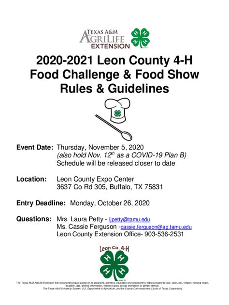 Fillable Online Leon Agrilife Food Show Leon County AgriLife