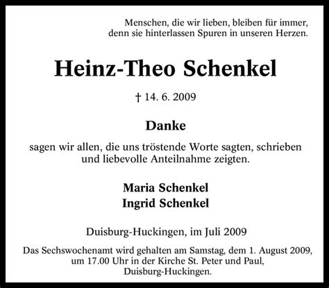 Traueranzeigen Von Heinz Theo Schenkel Trauer In Nrw De