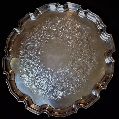 Circular Silver Plated Scalloped Edge Serving Tray In Antique Serving