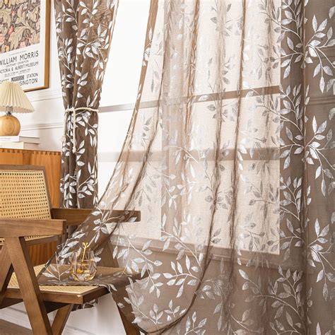 Deeprove Sheer Curtains 84 Inches Long 2 Panels Sparkle Foil Metallic Vine Leaves Print Window