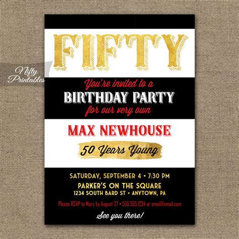 50th Birthday Invitations Black Stripe Gold Nifty Printables