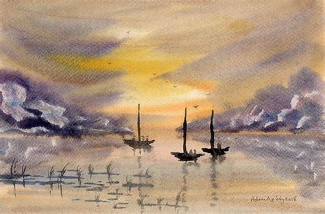 Fishing At Dawn Original Watercolor Painting Original Watercolors