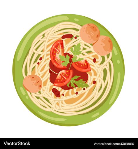 Spaghetti With Meatballs On Plate Top View Vector Image