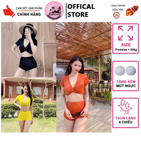 Bikini Đồ Bơi Nữ Hai Mảnh Quần Đùi Cạp Cao Áo Croptop Xoắn Ngực Tặng