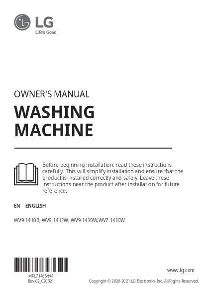 LG WV9 1410W Washing Machine Owner S Manual Installation Operation