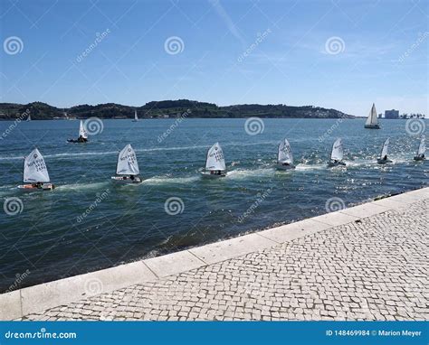 Many Small Sail Boats On Tejo River In Lisbon Obraz Stock Editorial