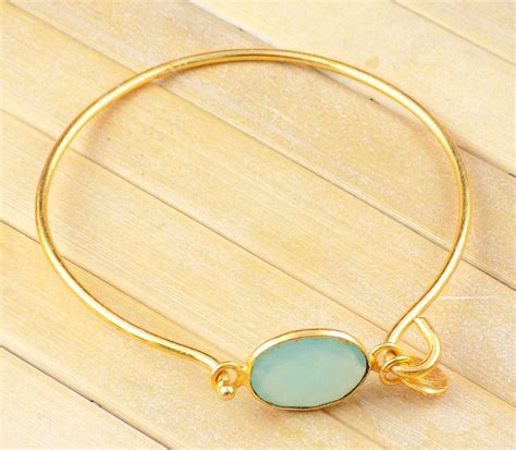 Aqua Chalcedony 12x16mm Oval Briolette Gemstone Brass 24k Gold Plated Bangle Bracelet Bangle