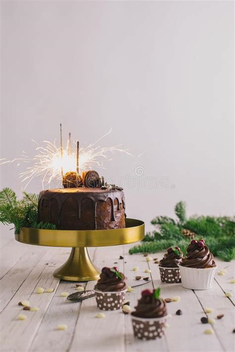 Torta De Chocolate Oscura Con Las Bengalas Y Las Bayas De Las