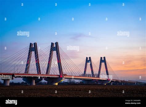 Monumental Lighted New Modern Double Cable Stayed Bridge Over Vistula