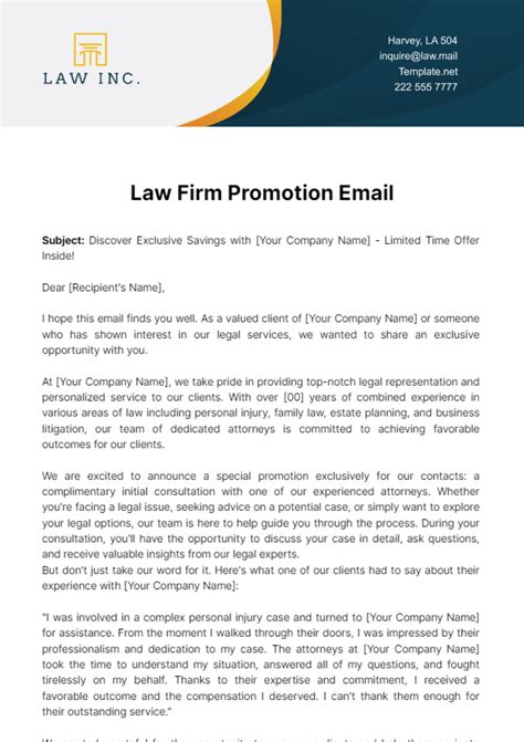 Free Law Firm Promotion Email Template to Edit Online
