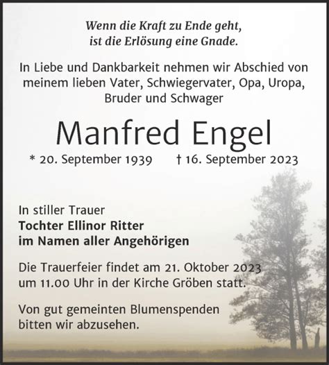 Traueranzeigen Von Manfred Engel Abschied Nehmen De