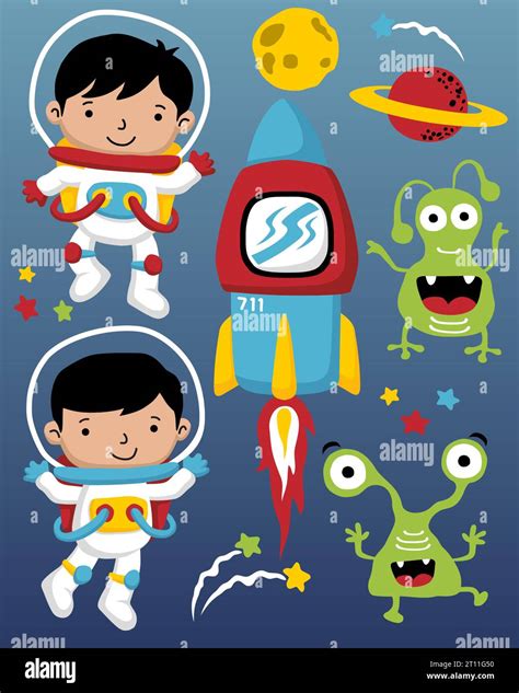 Ilustración Vectorial De Personajes De Dibujos Animados De Astronautas En El Espacio Exterior