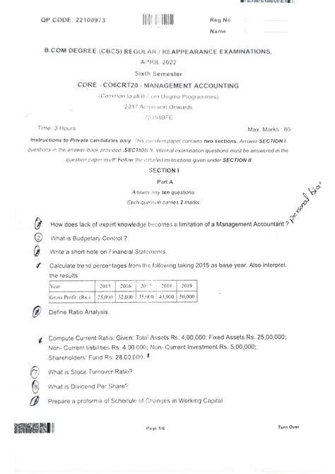 Solution Management Accounting 6th Sem Question Paper Studypool